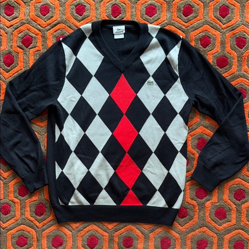 Lacoste V-Neck Argyle Sweater Black & Red Men's size 3 / Small/Med